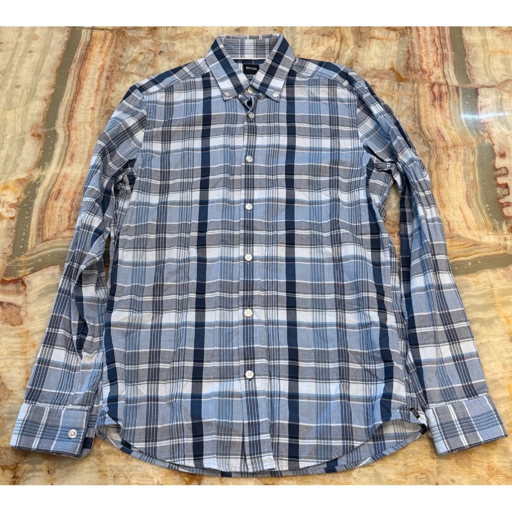 Boss Hugo Boss Mens Button Down Shirt Blue Plaid Cotton Wool Regular Fit Size S